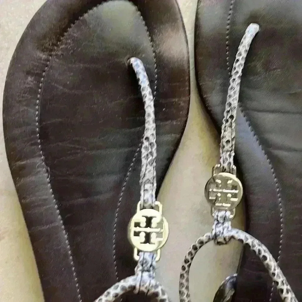Tory Burch, black animal, print T-strap sandals 8